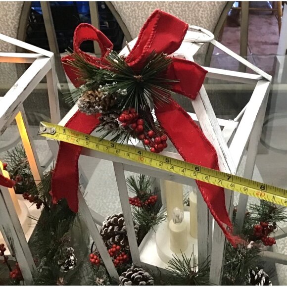 SET OF 2 - WHITE RUSTIC CHRISTMAS LANTERN CENTERPIECE BATTERY OPERATED - Picture 7 of 8